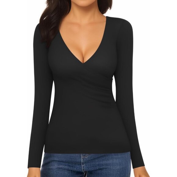 Women's V Neck Long Sleeve T Shirt Slim Fit Fleece Lined Casual Top - Picture 3 of 6